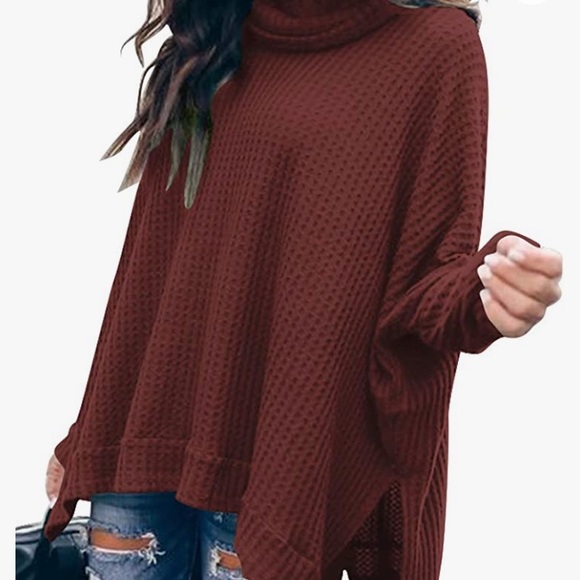 NWOT Turtleneck Batwing Sleeve High Low Hem Side Slit Waffle Knit Casual… - Picture 2 of 10